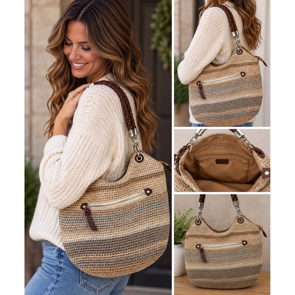 The Sak Crochet Hobo Bag Neutral Ombre Woven Shoulder Bag Brown Braided Strap